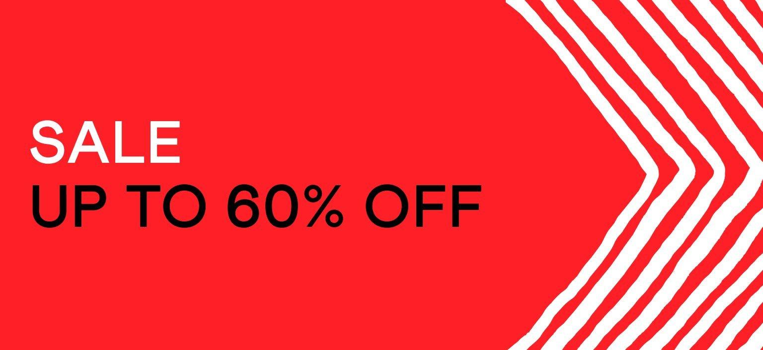 a red and white sale up to 60 % off banner